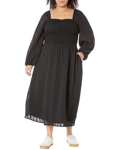 Madewell Plus Emine Long Sleeve Ruched Lucie Midi Dress - Seersucker Stripe - Black