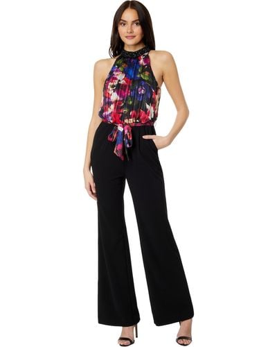 Adrianna Papell Mock Neck Printed Floral Halter Jumpsuit With Solid Black Bottom - Blue