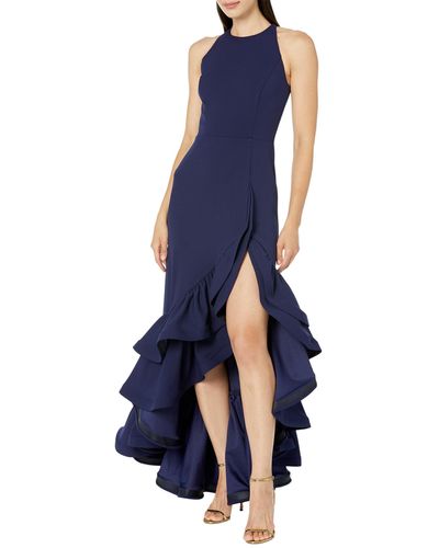 Betsy & Adam Long Halter Crepe Tiered Ruffle Gown - Black