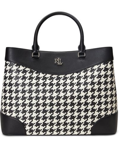 Lauren by Ralph Lauren Houndstooth Woven Large Marcy Satchel - Black