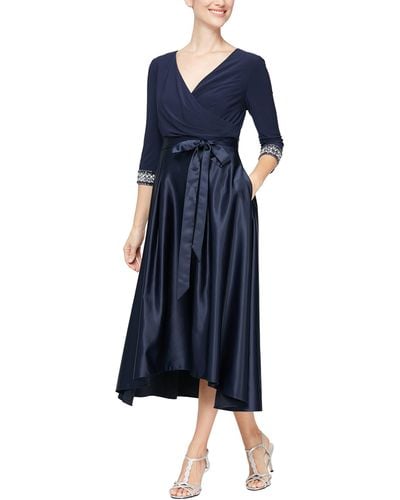 Alex Evenings Tea Length Party Dress With Satin Skirt - Blue