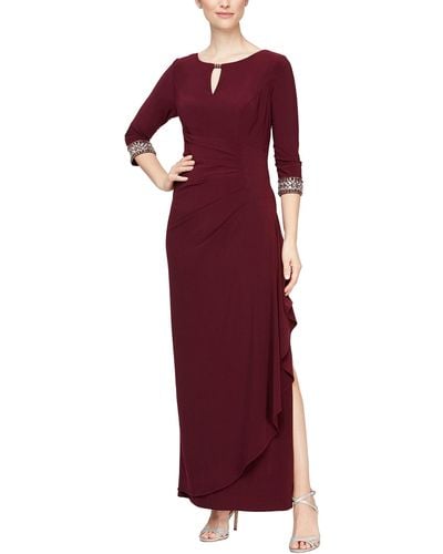 Alex Evenings Long A-line Dress With Embellished Sleeves And Neckline - Red
