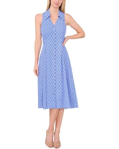 Cece Printed Sleeveless Collared Belted Midi Dress - Blue