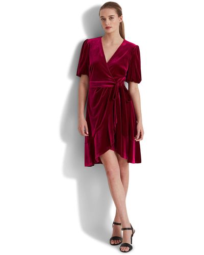Lauren by Ralph Lauren Belted Velvet Puff-sleeve Dress - Red