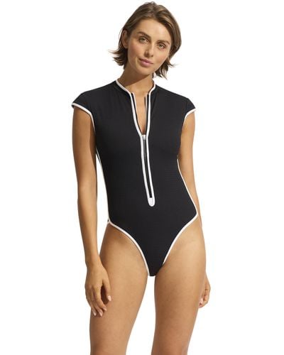 Seafolly Cap Sleeve Zip Front One-piece Swimsuit - Blue
