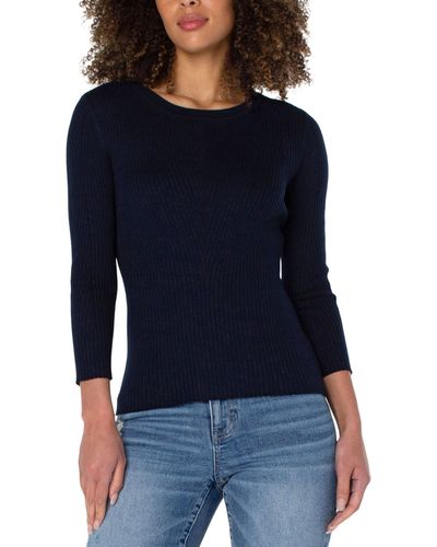 Liverpool Los Angeles Crew Neck 3/4 Sleeve Sweater With Pointelle - Blue