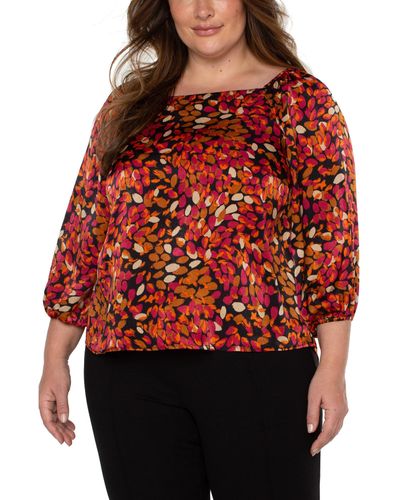 Liverpool Los Angeles Plus Size Puff Sleeve Square Neck Woven Top - Red