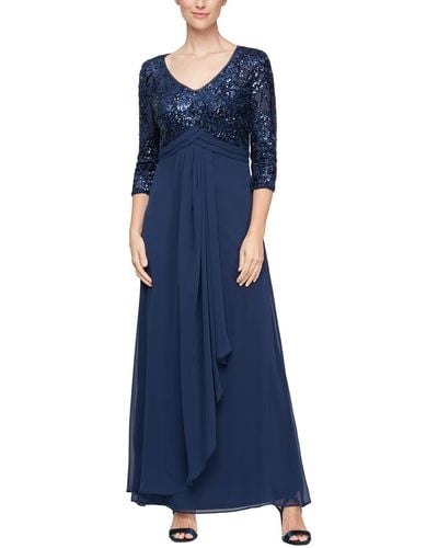 Alex Evenings Long A-line V-neck Dress With Empire Waistline And Cascade Detail Skirt - Blue