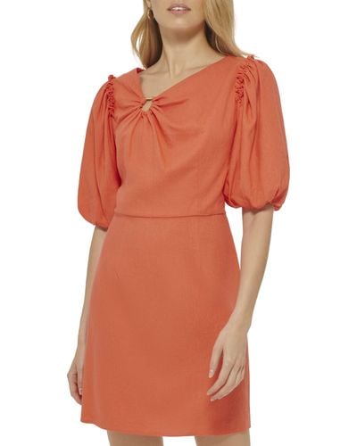 DKNY Short Sleeve Neck Ring Linen Midi Dress - Orange