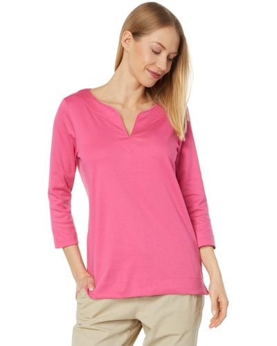 L.L. Bean Pima Tops Split-neck Tunic 3/4 Sleeve - Pink
