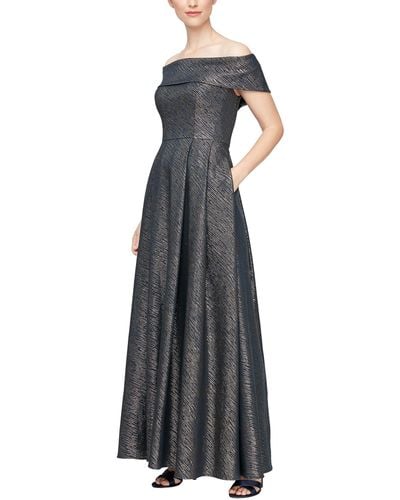 Alex Evenings Stretch Jacquard Off The Shoulder Ballgown With Full Skirt And Pockets - Blue