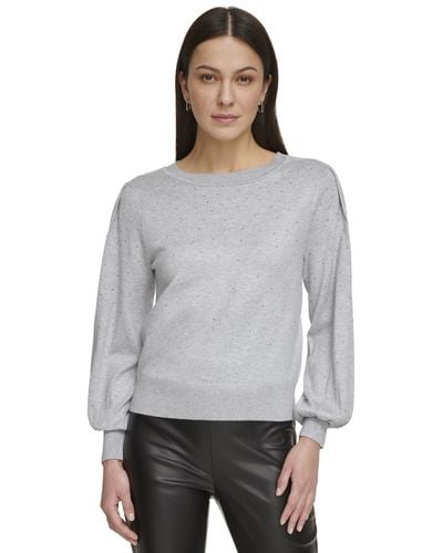 DKNY Long Sleeve Crew Neck Mini Sequin Sweater - Gray