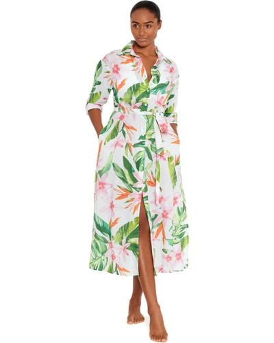 Lauren by Ralph Lauren Watercolor Tropical Floral Midi Shirt Dress - Green