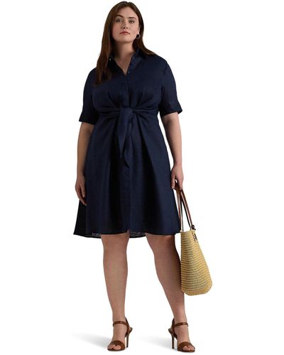 Lauren by Ralph Lauren Plus-size Tie-front Linen Shirtdress - Blue
