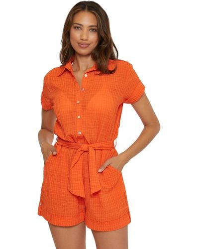 Becca Cabana Textured Button Front Romper Cover-up - Orange