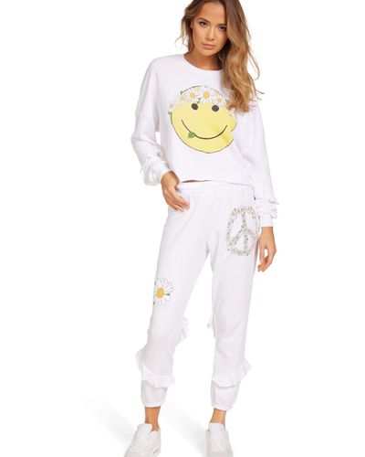 Lauren Moshi Tamara Crop Sweatpants With Ruffles Daisy Peace - White
