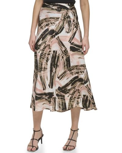 DKNY Printed Satin Ruche Maxi Skirt - Brown