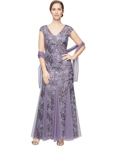 Alex Evenings Long Embroidered Fit-and-flare Dress With Godet Detail Skirt And Shawl - Purple