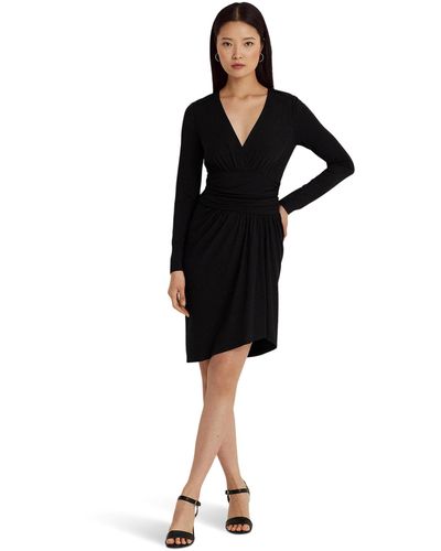 Lauren by Ralph Lauren Ruched Stretch Jersey Surplice Dress - Black