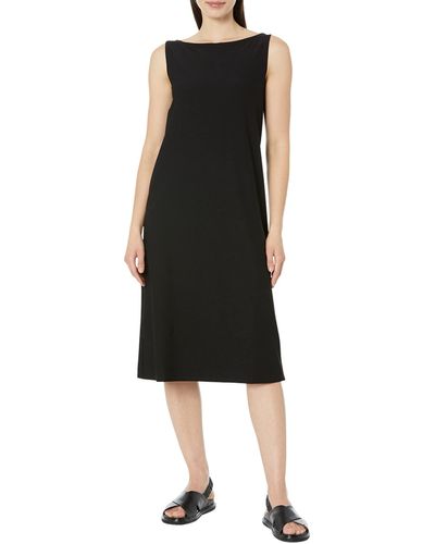 Eileen Fisher Bateau Neck Calf Length Dress - Black