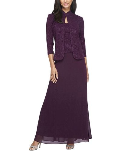 Alex Evenings Long Jacquard Knit Jacket Dress With Mandarin Collar Jacket - Purple