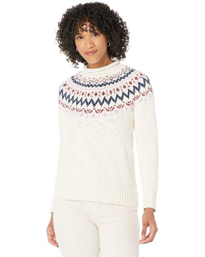 L.L. Bean Cotton Ragg Sweater Funnel Neck Pullover Fair Isle - White