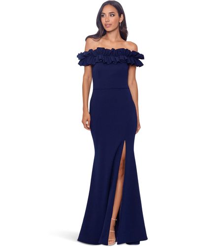 Xscape Long Crepe Over-the-shoulder Ruffle Gown - Blue