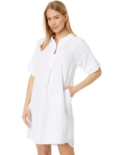 Mod-o-doc Double Layer Gauze Half Raglan Sleeve Henley Dress - White