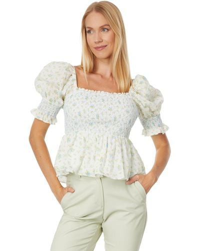 English Factory Smocked Floral Puff Sleeve Top - White