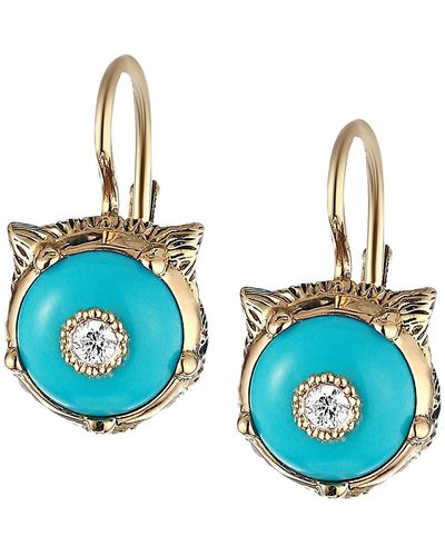 Gucci Le Marche Des Merveilles 18k Yellow Gold Feline Head Turquoise & Diamond Drop Earrings - Blue