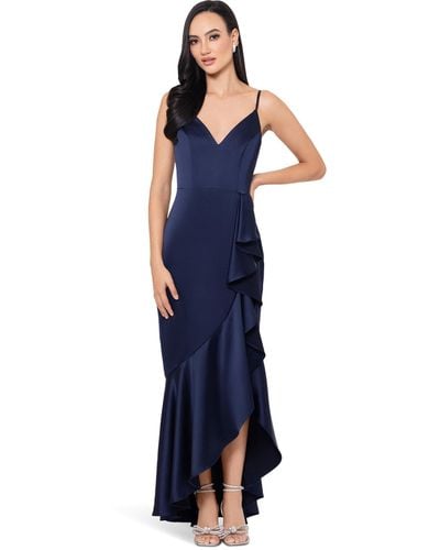 Xscape Satin Dress With A Fun Side Ruffle Makes For A Flattering Yet Elegant Dress - Blue