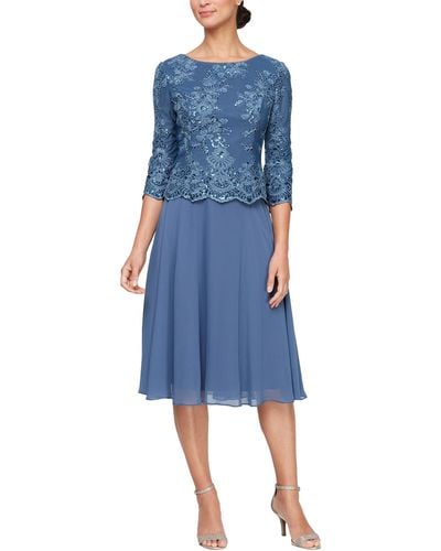 Alex Evenings Tea Length Embroidered Mock Dress - Blue