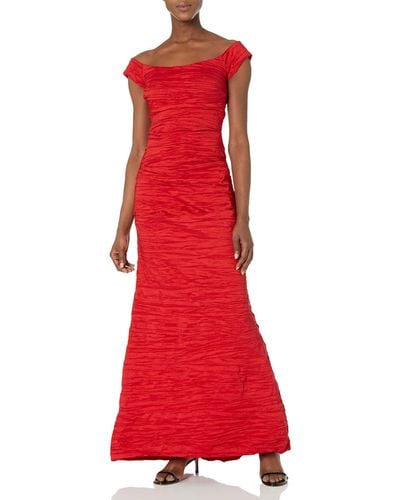 Alex Evenings Long Stretch Taffeta Dress With Fishtail Skirt And Off The Shuolder - Red