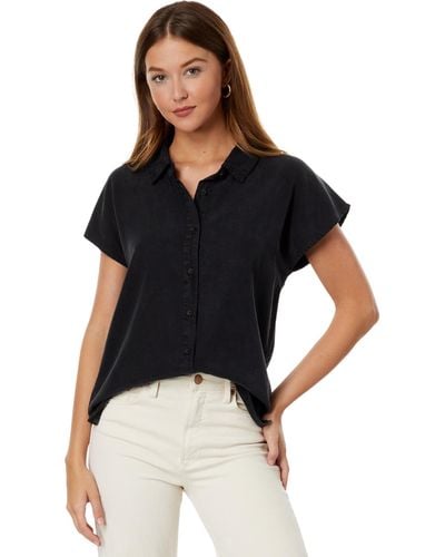 Mod-o-doc Stone Washed Short Sleeve Button-down Hi-lo Blouse - Black
