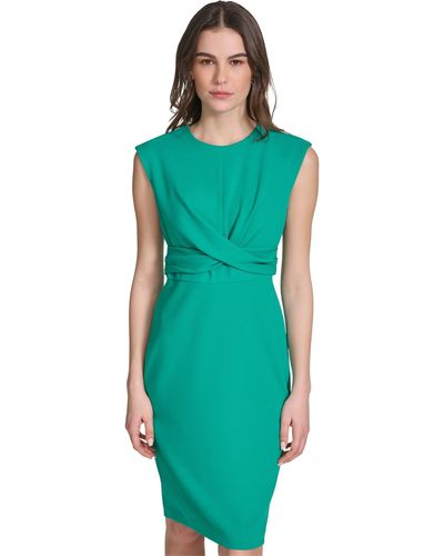 Calvin Klein Cap Sleeve Scuba Crepe Pleated Skirt Dress - Green