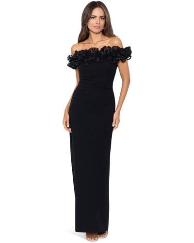 Xscape Long Off-the-shoulder Crepe 3-d Embroidered Ruffle - Blue