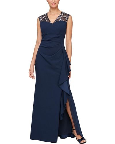 Alex Evenings Long Matte Jersey Dress With Embroidered Illussion Neckline - Blue