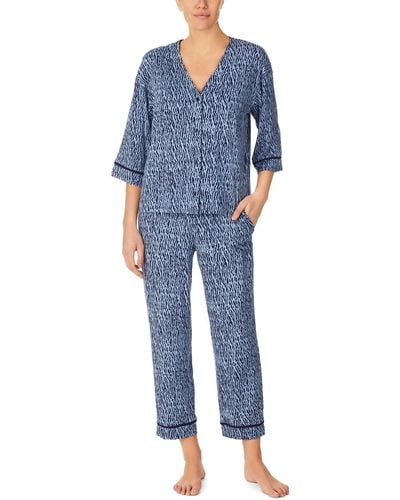 Donna Karan 3/4 Sleeve Crop Pants Pj Set - Blue
