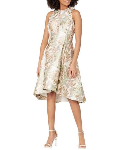 Adrianna Papell Sleeveless Printed Jacquard Dress With High-low Hem Ruffle Detail - Natural