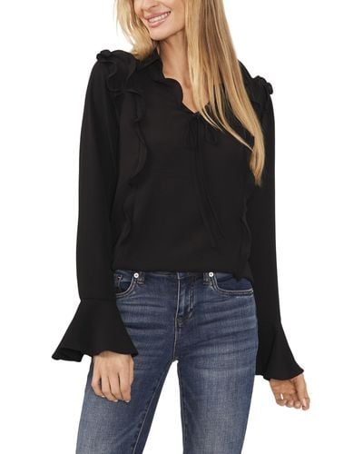 Cece Collared Long Sleeve Ruffled Bow Blouse - Black