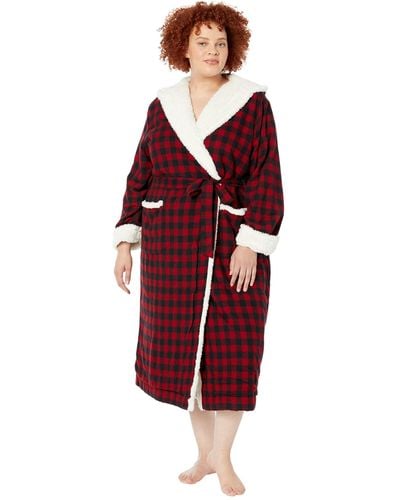 L.L. Bean Plus Size Scotch Plaid Flannel Sherpa Lined Long Robe - Red