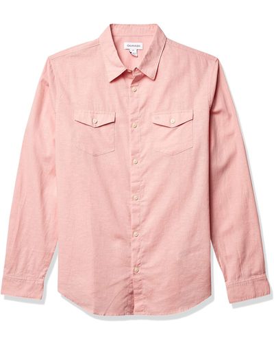 Calvin Klein Long Sleeve Stretch Cotton Linen Button Down Shirt - Pink