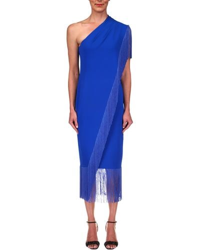 Badgley Mischka Stretch Crepe Fringe Dress - Blue