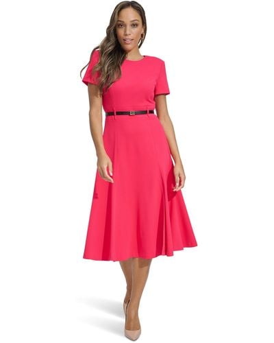 Calvin Klein Short Sleeve A-line Midi Dress With Belt - Red