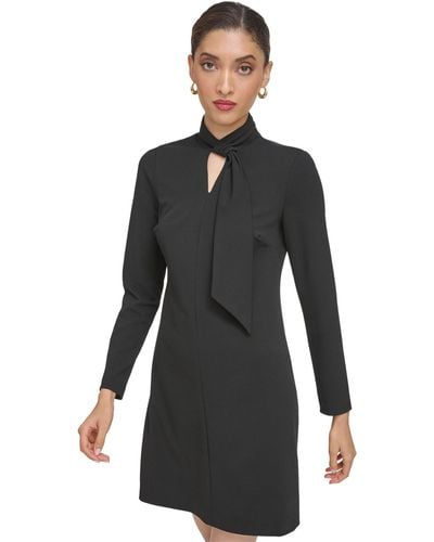 Calvin Klein Faux Tie Neck Shift Dress With Keyhole Neck Detail - Black