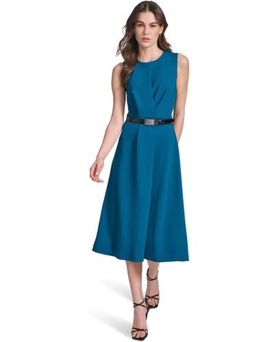 Calvin Klein Sleeveless Scuba Crepe Belted Midi Dress - Blue
