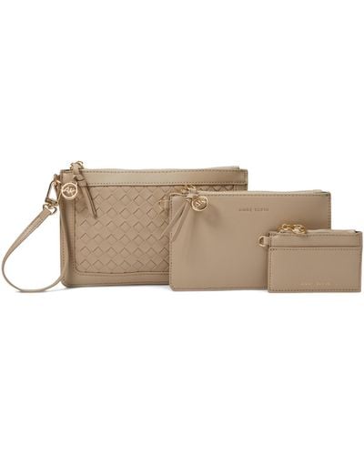 Anne Klein Ak 3 Piece Pouch Set With Woven Detailing And Wristlet Strap - Natural