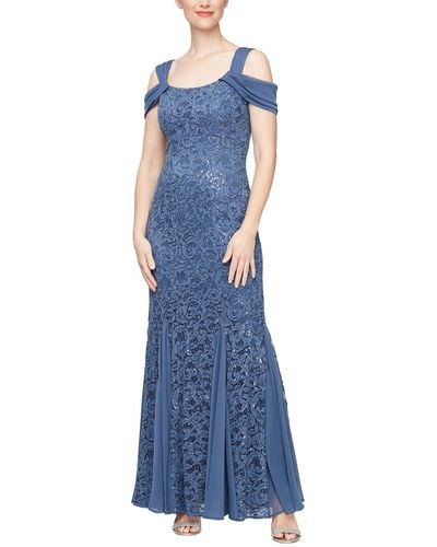 Alex Evenings Long Sequins Lace Dress - Blue