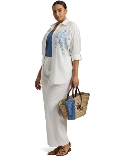 Lauren by Ralph Lauren Plus-size Oversize Floral Eyelet-logo Linen Shirt - White
