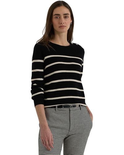 Lauren by Ralph Lauren Striped Combed Cotton Crewneck Sweater - Black